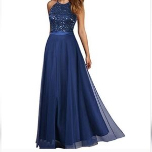 Viwenni Blue Lace Mesh Formal Party Prom Wedding Elegant Maxi Dress